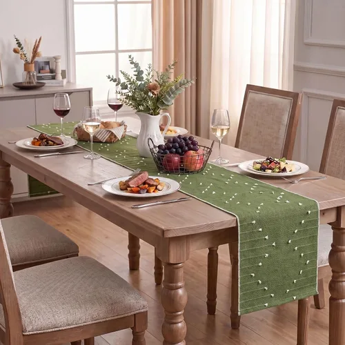 Vista 6 de Artoid Mode Camino de mesa tejido de algodón rústico verde militar, decoración de mesa de comedor para decoración de fiesta del hogar, 12 x 36