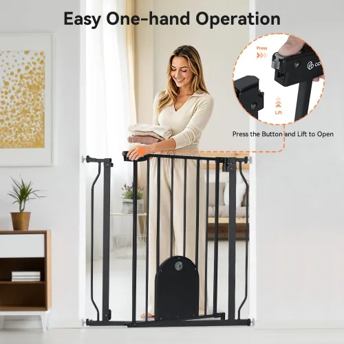 Vista 5 de COMOMY Puerta para mascotas de 29.5-33.4 pulgadas con puerta ajustable para gatos, puerta de metal extra ancha para puertas de escaleras, puerta
