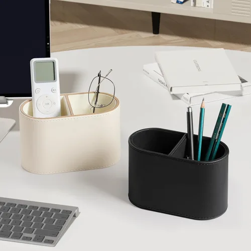 Vista 6 de Soporte para bolígrafo de piel sintética para escritorio, pequeño soporte de control remoto, taza de lápices, organizador de escritorio