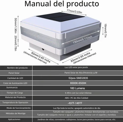 Vista 6 de Luces solares de poste de 160 lúmenes con 52 LED y luz blanca de Blanco