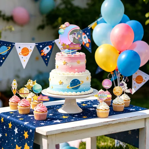 Vista 6 de Ercadio 1 pieza de decoración para tartas de niña espacial, luna, estrella, cohete, planeta, decoración de pasteles, espacio de feliz cumpleaños