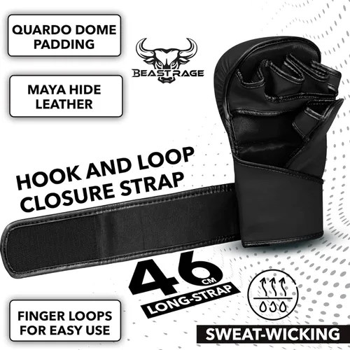 Vista 6 de BEAST RAGE Guantes MMA para Hombres Mujeres, Muñequeras Ajustables de Palma Abierta para Artes Marciales Grappling Sparring para Muay Thai Lucha