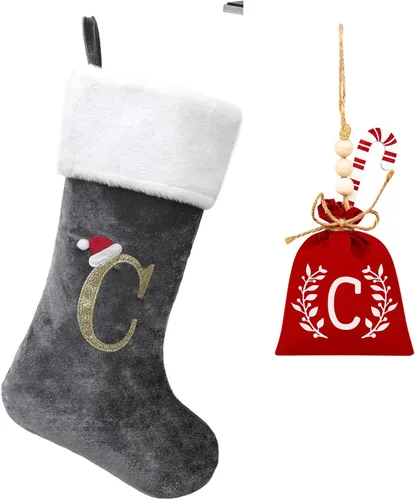 Vista 148 de Calcetines de Navidad bordados de 20 pulgadas con monograma, terciopelo negro con puño de felpa blanca supersuave, adornos clásicos para decoración