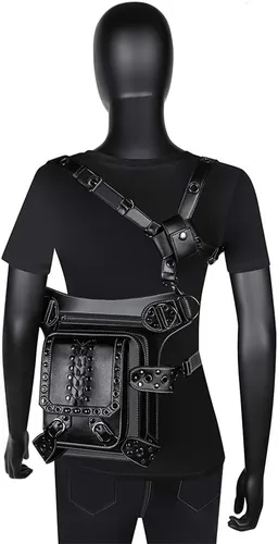 Vista 3 de Steampunk - Riñonera de piel gótica con diseño de calavera, bandolera cruzada con hombros y muslos y caderas, para mujeres y hombres, WP-BG065BK