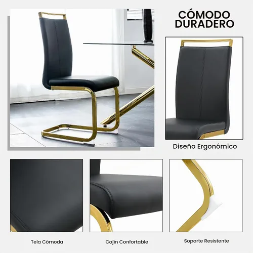 Vista 5 de Ebullient Juego de Mesa de Cocina Rectangular de MDF Blanca y Sillas de Comedor de Cuero Set de 6, Mesa de Comedor con Marco de Metal Dorado Moderno