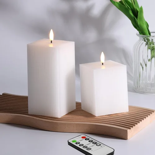 Vista 8 de Velas sin llama rosas con control remoto, velas LED cuadradas con nervaduras, juego de 2, velas alimentadas por batería parpadeantes, cera real, Φ