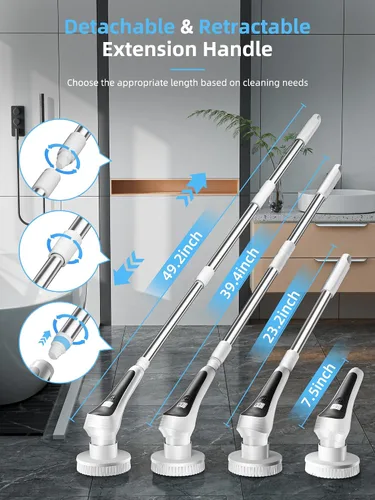 Vista 4 de Limpiador eléctrico giratorio, limpiador de ducha inalámbrico con pantalla de visualización, cepillo de limpieza de baño impermeable IP68, mango