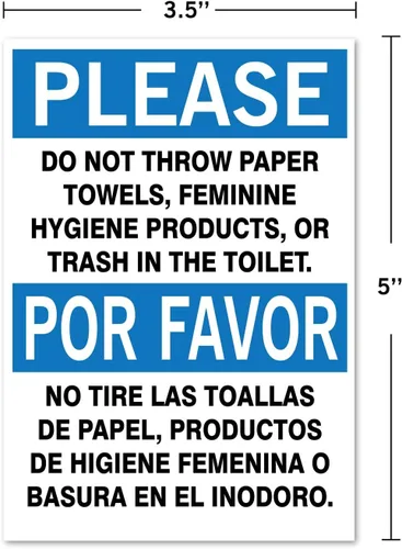 Vista 2 de Por favor: No tirar toallas de papel, productos de higiene femenina o basura en el inodoro. Adhesivo de vinilo bilingüe de 3,5 x 5 pulgadas. Por