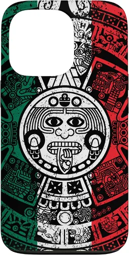 Vista 10 de Funda para iPhone 17 con calendario maya azteca con diseño de piedra solar envejecida de la bandera de México