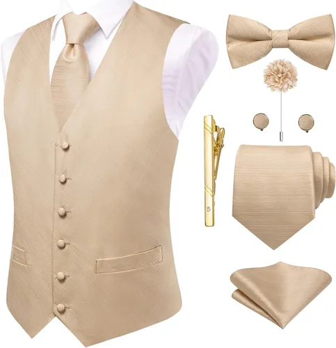 Vista 49 de Hi-Tie Chaleco de traje de seda para hombre, corbata y corbatín de solapa, clip de corbata dorado, chaleco floral de cachemira, 8 piezas, conjunto