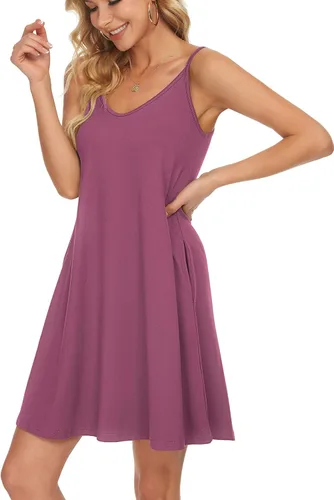 Vista 3 de MISFAY - Vestido de verano para mujer, con tirantes delgados, bolsillos y vuelo, estilo informal, salida de baño para playa
