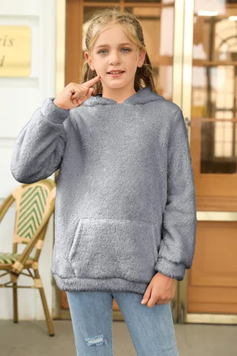 Vista 3 de Haloumoning - Sudadera con capucha de vellón mullido y bolsillos, sudadera holgada y casual para niñas de 4 a 15 años