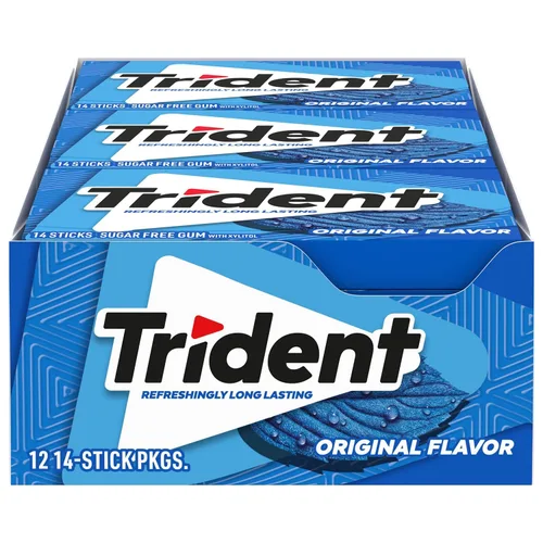 Vista 18 de 12 paquetes de 14 unidades cada uno; es decir, en total son 168 unidades de goma de mascar Trident Bubblegum sin azúcar sabor chicle. Accesorios