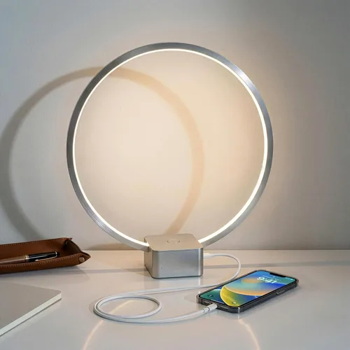 Vista 10 de Brightech Lámpara de mesita de noche LED Circle con puerto USB, lámpara compacta para dormitorio, sala de estar, moderna lámpara asiática de mesa