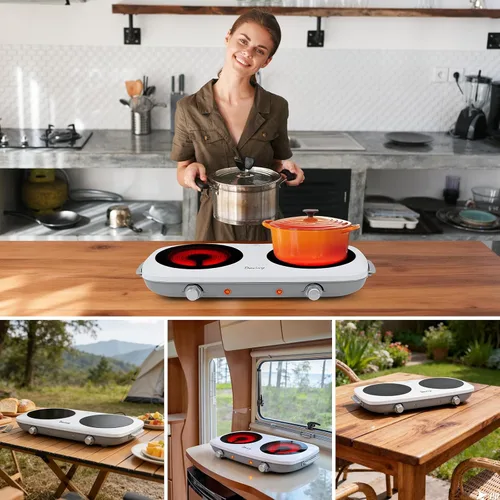 Vista 9 de Davivy Placa eléctrica de doble quemador, estufa eléctrica portátil de 1800 W (2 x 900 W), placa de cocina de 2 quemadores con vidrio de cerámica