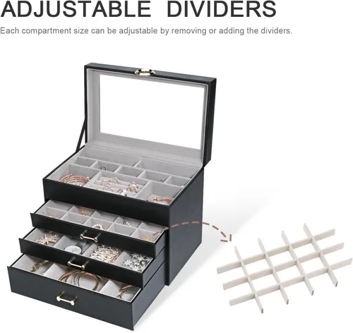 Vista 7 de V-LAFUY Joyero organizador de joyas para mujer, joyero con tapa de vidrio transparente de 4 niveles con 3 cajones, regalo para mujeres y niñas, tapa