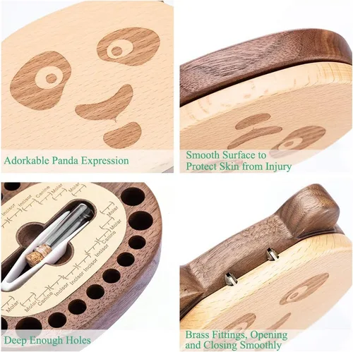 Vista 5 de AhfuLife Caja de recuerdo de dientes de bebé con botella de lanugo, caja de recuerdo de madera con forma de panda para los primeros dientes