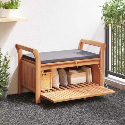 Vista 2 de vidaXL Banco de almacenamiento para patio con cojín de 35.8 pulgadas, madera maciza de acacia Gris
