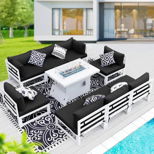 Vista 30 de BULEXYARD - Sofá modular de aluminio para exteriores con mesa para fogata, 7 piezas, color verde azulado