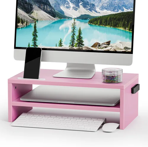 Vista 9 de Marbrasse Soporte elevador para monitor, paquete de 2 soportes para monitor de computadora de 16.5 pulgadas, 2 niveles, soporte de impresora