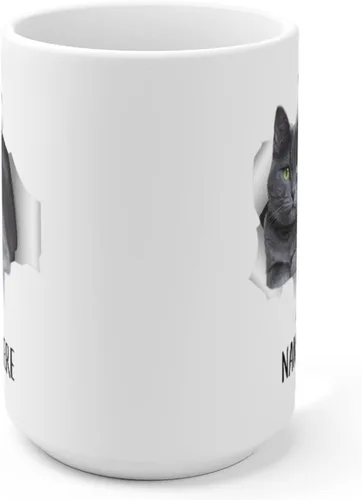 Vista 2 de Taza de café blanca con nombre divertido con nombre, gato azul ruso, azul, gris, texto personalizado, regalo de Navidad, 15 onzas