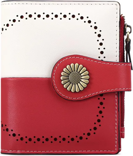 Vista 6 de SENDEFN Carteras pequeñas para mujer, con bloqueo RFID, de cuero, plegable, tarjetero con ventana de identificación, 5-rojo y blanco, Cartera