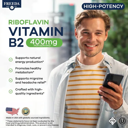 Vista 2 de FREEDA Suplemento de vitamina B2 de 400 mg con riboflavina-5-fosfato – Vitaminas B2 de alta potencia riboflavina 400 mg por porción para energía