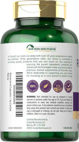 Vista 3 de Carlyle Suplemento de resveratrol 1800 mg 180 cápsulas Sin OMG y sin gluten Complejo potente