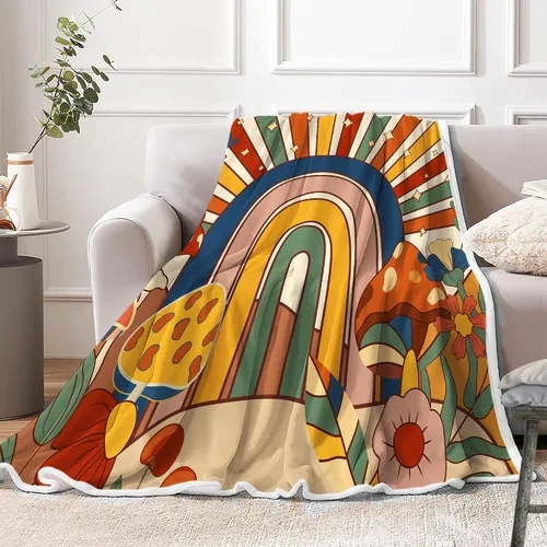 Vista 3 de Manta retro de los años 70 con diseño de hongos florales de mediados de siglo, manta de franela suave, ligera, regalos de felpa para mujeres