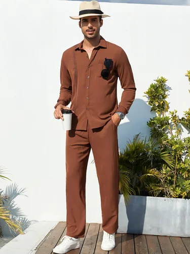 Vista 4 de HANXMEN Conjunto de lino de 2 piezas para hombre, camisa cubana con botones y manga larga, pantalones sueltos casuales, playa, vacaciones, yoga