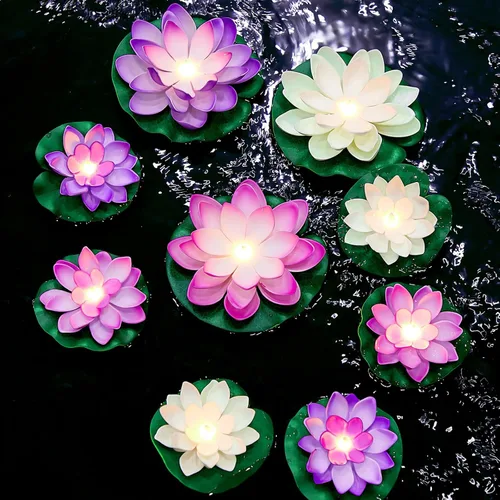 Vista 13 de Hortsun 9 luces flotantes de loto con pilas, almohadillas de lirio, flores de piscina, velas flotantes, decoración de plantas de estanque