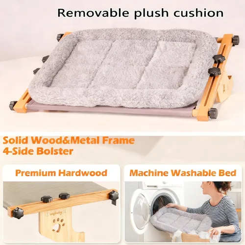 Vista 8 de Percha para ventana de gato, ajuste ajustable, seguro para inquilinos, marco de madera y metal, hamaca resistente sin perforaciones, funda de cama