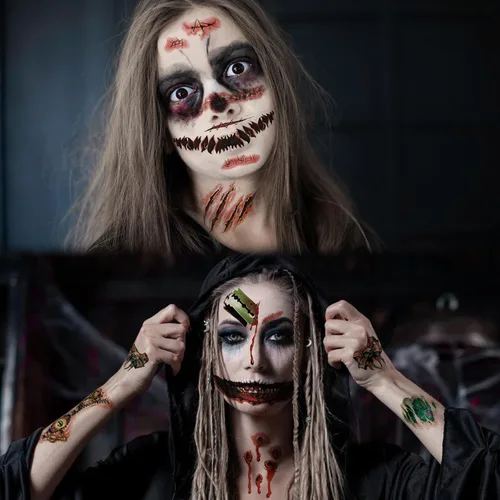 Vista 4 de Maquillaje de broma de Halloween, tatuaje temporal, 26 piezas de tatuajes temporales de Halloween para adultos, tatuajes de boca de Halloween