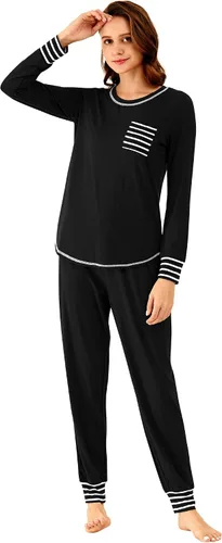 Vista 2 de WiWi Conjunto de pijama de viscosa de bambú para mujer, ropa de dormir de manga larga, suave, ropa de descanso, pantalones deportivos, conjuntos
