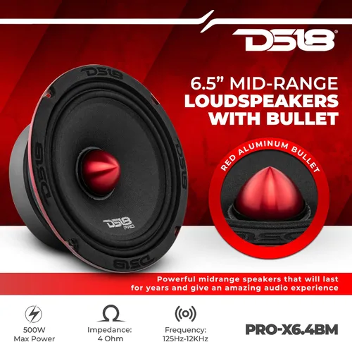 Vista 3 de DS18 PRO-X6.4BM - Altavoz de 6.5 pulgadas de rango medio, bala de aluminio rojo, 500 W, máximo 250 W, RMS 4 ohmios, cable de altavoz de 16 GA, 100