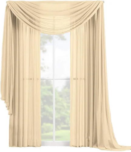 Vista 2 de Decotex Juego de 3 cortinas de gasa transparente para ventana, incluye 2 paneles y 1 bufanda a juego (120 pulgadas de largo, chocolate)