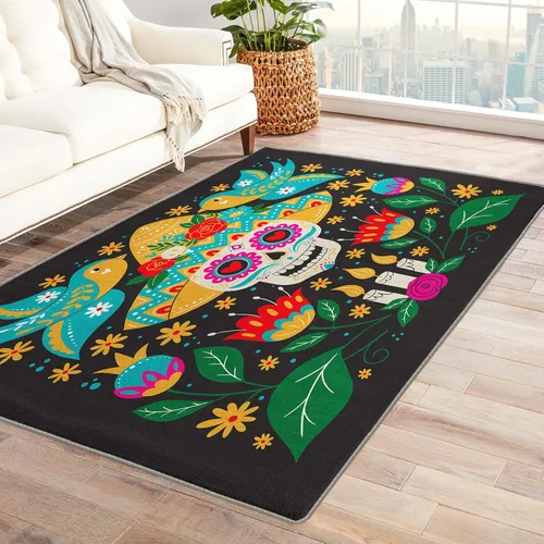 Vista 9 de Alfombra de calavera de azúcar de 2 x 3 pies, alfombra mexicana para entrada, alfombra de día de los muertos, decoración de habitación de niños
