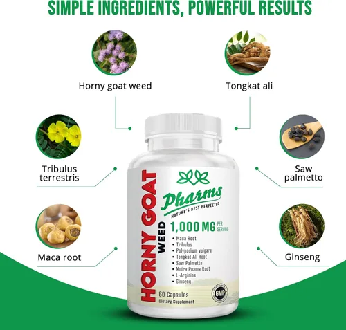 Vista 6 de PHARMS Hornygoatweed para hombres y mujeres (1,000 mg) - Cápsulas de energía y resistencia con raíz de maca, tribulus, tongkat ali, palma enana
