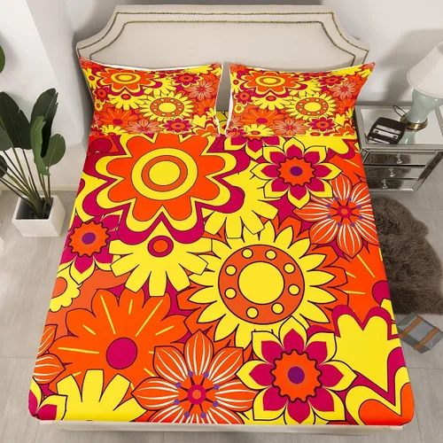Vista 11 de Juego de ropa de cama con diseño floral bohemio, tamaño individual, diseño retro de flores groovy, 60S y 70S, diseño de flores hippie para niños