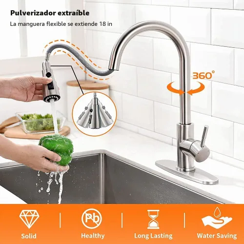 Vista 2 de Grifos de cocina de níquel cepillado con rociador extraíble Grifo de fregadero de cocina con rociador extraíble Montaje en cubierta de un solo