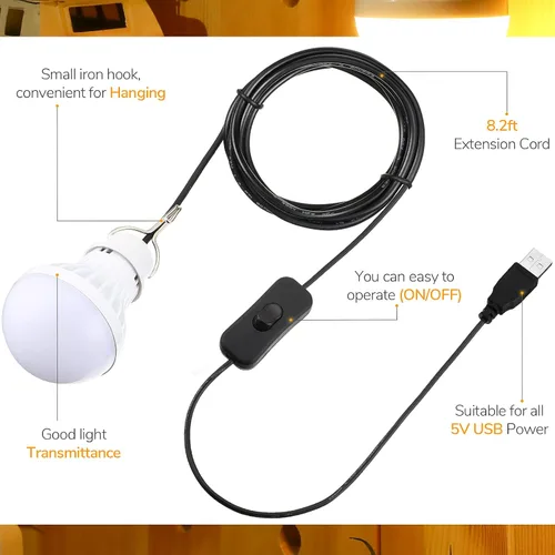 Vista 3 de 3 bombillas LED USB, luces de campamento portátiles de 5 W con cable divisor USB de 1 a 3, cable de 8.2 pies de longitud extra para tienda