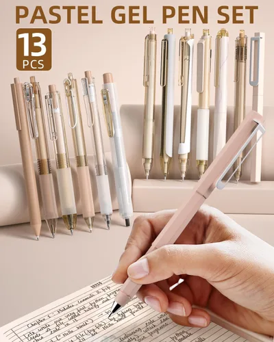 Vista 2 de Nicpro Juego de 13 bolígrafos de tinta de gel pastel con funda, lindo bolígrafo retráctil de punta fina de 0.020 in, 12 bolígrafos de tinta negra