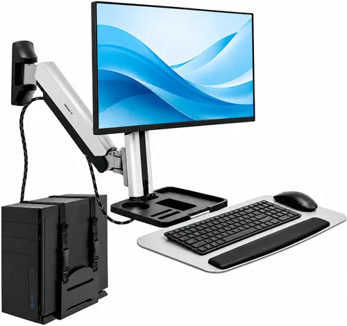 Vista 9 de Mount-It! (MI-7940) Escritorio vertical móvil, altura ajustable, para computadora, estación de trabajo, carrito con ruedas, Plateado Fits two 27 in