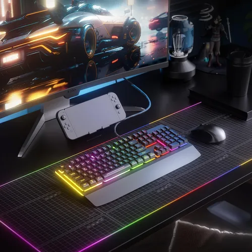 Vista 7 de Teclado para juegos con cable, teclado iluminado RGB con reposamuñecas, panel de metal de 104 teclas retroiluminado con arco iris