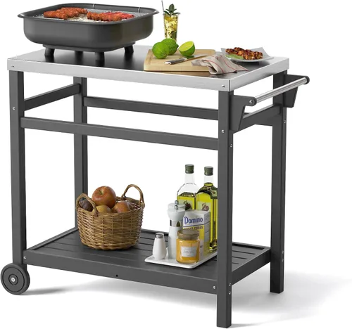Vista 13 de TORVA Carrito de parrilla de preparación al aire libre con mesa de pasivación, carrito de parrilla rodante resistente a los arañazos de alta dureza