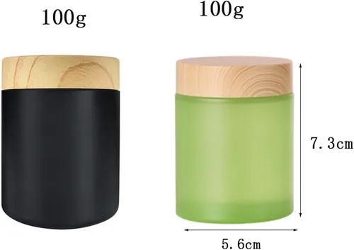 Vista 4 de 4 tarros de vidrio redondos de 3.53 oz con tapas de grano de madera, recipientes vacíos recargables para cosméticos, tarros para loción, crema Negro