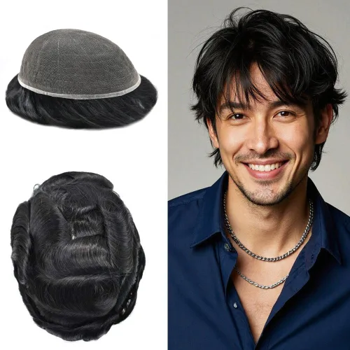 Vista 29 de Completo suizo encaje tupé para hombres pieza de pelo real sistema de reemplazo de cabello humano para hombres Toupee Hairpieces para hombres 7x9