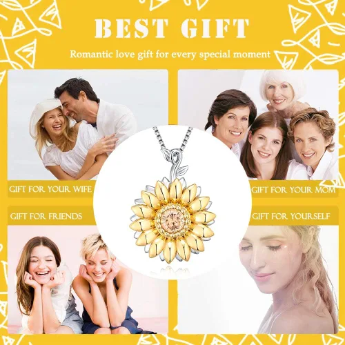 Vista 6 de Collar con colgante de girasol giratorio dorado para mujer, plata de ley S925 You Are My Sunshine Jewelry con circonita cúbica 5A