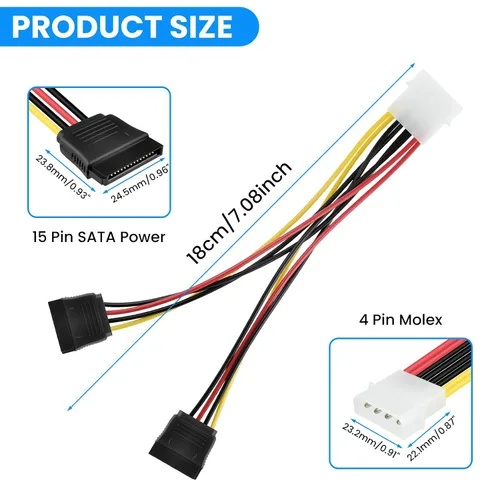 Vista 2 de SDTC Tech Cable adaptador de divisor de alimentación SATA dual de 4 pines macho IDE Molex a 15 pines hembra 18AWG cable de extensión de disco duro