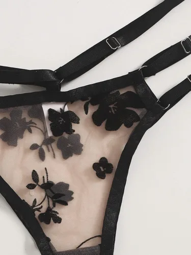 Vista 4 de SheIn Conjunto de lencería de dos piezas con aros de encaje floral para mujer